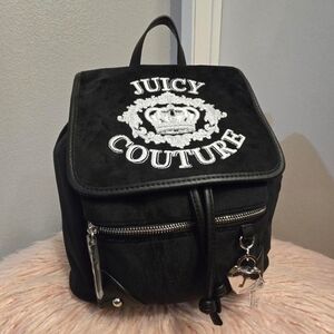 Juicy Couture Silver Embroidered Black Velvet Backpack With Heart KeyCharm